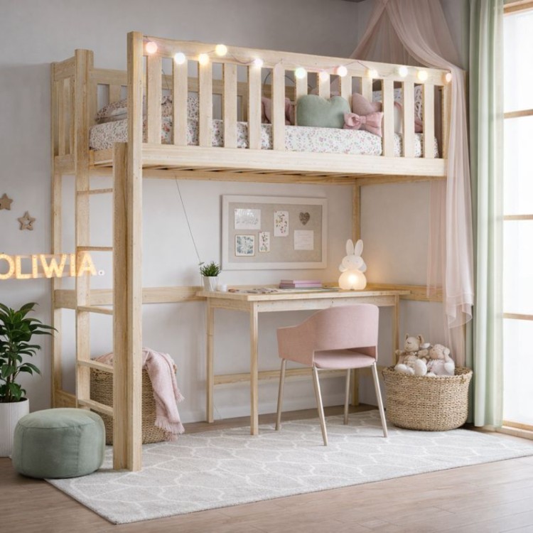 Drewniane łózko piętrowe antresola Cloudy Plus Naturalne