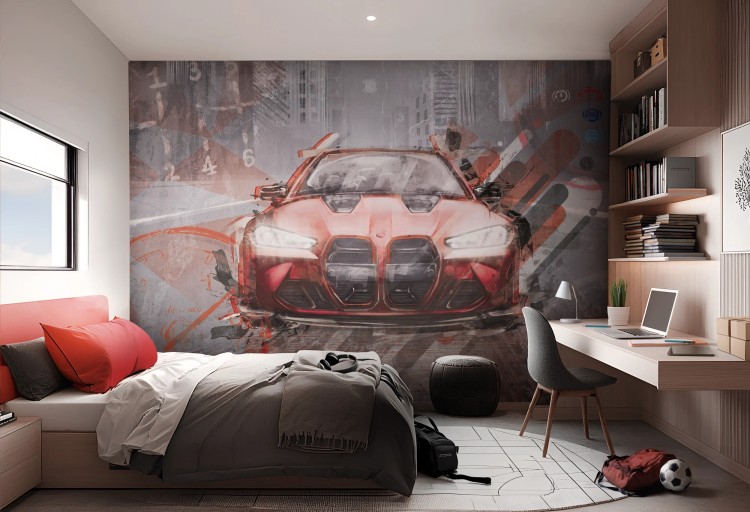 Tapeta FAST CAR red z motywem sportowego samochodu w dynamicznym stylu do pokoju nastolatka.
