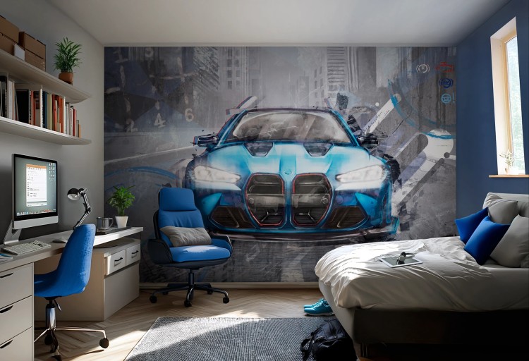 Tapeta FAST CAR blue z niebieskim sportowym samochodem do pokoju chłopca.