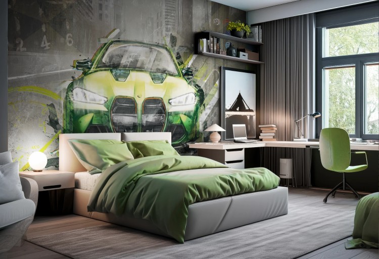 Tapeta FAST CAR green z dynamicznym sportowym samochodem do pokoju nastolatka.