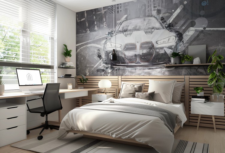 Tapeta FAST CAR white z motywem sportowego samochodu w dynamicznym stylu do pokoju chłopca lub nastolatka.