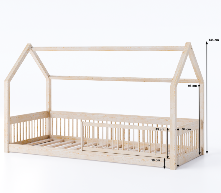 Białe łóżko domek Dream House z barierką z drewna sosnowego