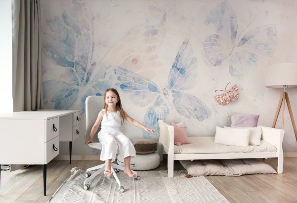 Tapeta dziecięca MARIPOSA BLUE z niebieskimi motylami do pokoju dziewczynki