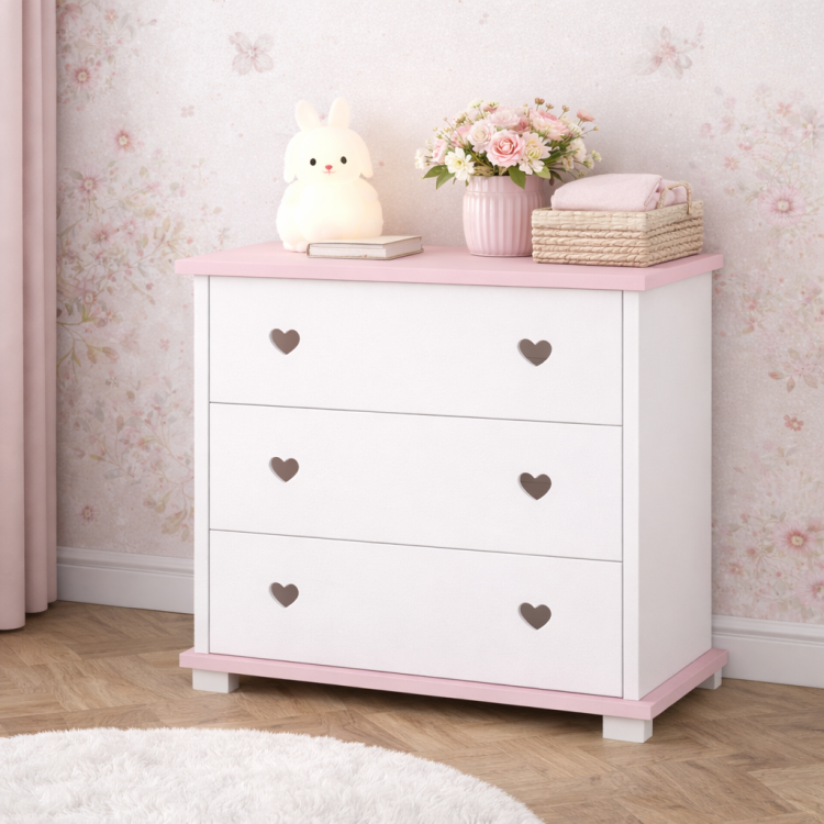 Drewniana komoda dziecięca z trzema szufladami Love