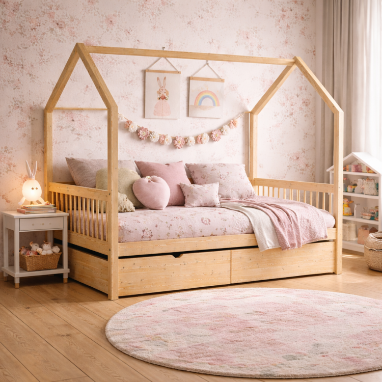 Łóżko domek Dream House z barierką z drewna sosnowego z szufladą