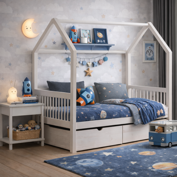 Białe łóżko domek Dream House z barierką z drewna sosnowego białe