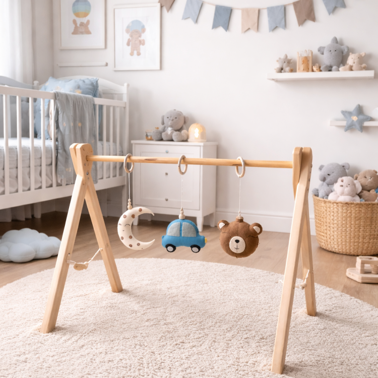 Baby Gym Miś i Autko – drewniany stojak Montessori dla niemowląt