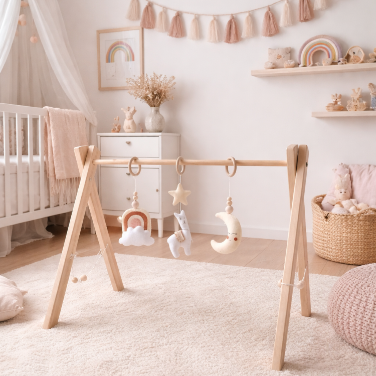 Baby Gym Alpaka i Księżyc – drewniany stojak Montessori dla niemowląt