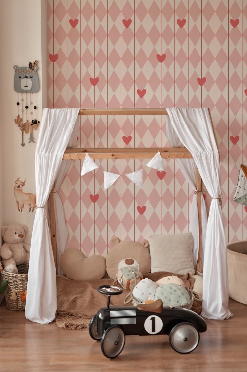 Tapeta do pokoju dziecięcego Romby i serduszka