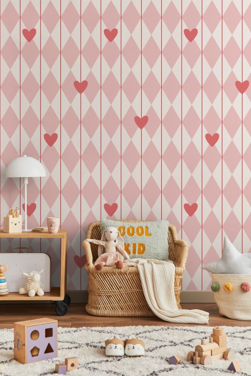 Tapeta do pokoju dziecięcego Romby i serduszka