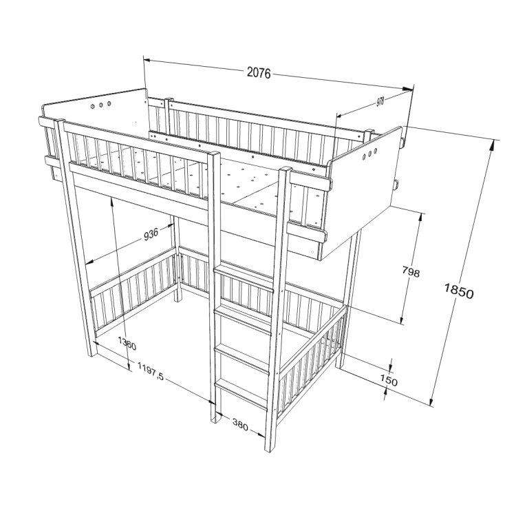Łóżko Antresola dla dziecka Basic Kaszmir 90x200 cm - schemat, wymiary