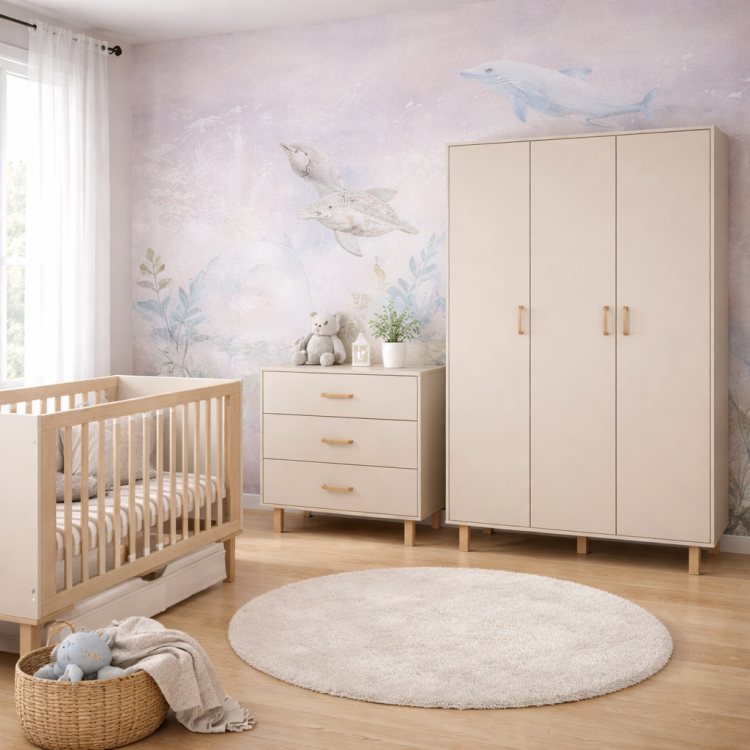 Szafa dziecięca LAURA 3-drzwiowa, komoda, łóżeczko zestaw mebli w pokoju dziecka