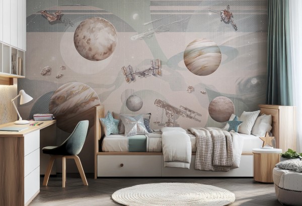 tapeta dla dzieci kosmos SPACE ZONE mint na ścianie w pokoju dziecka
