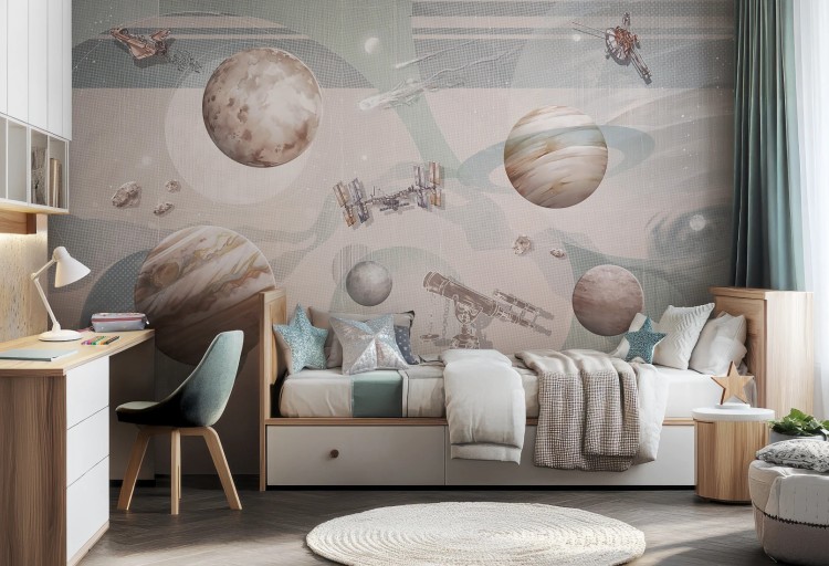 tapeta dla dzieci kosmos SPACE ZONE mint na ścianie w pokoju dziecka