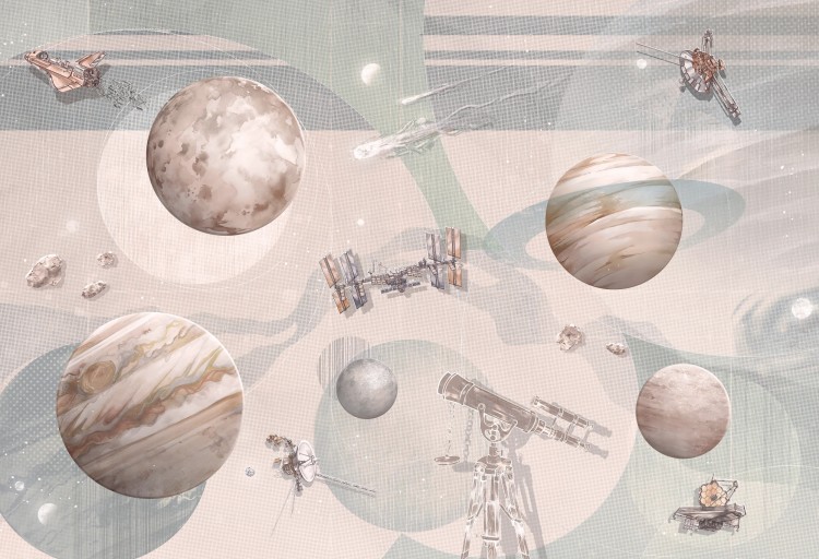miętowa tapeta kosmos z planetami do pokoju dziecka