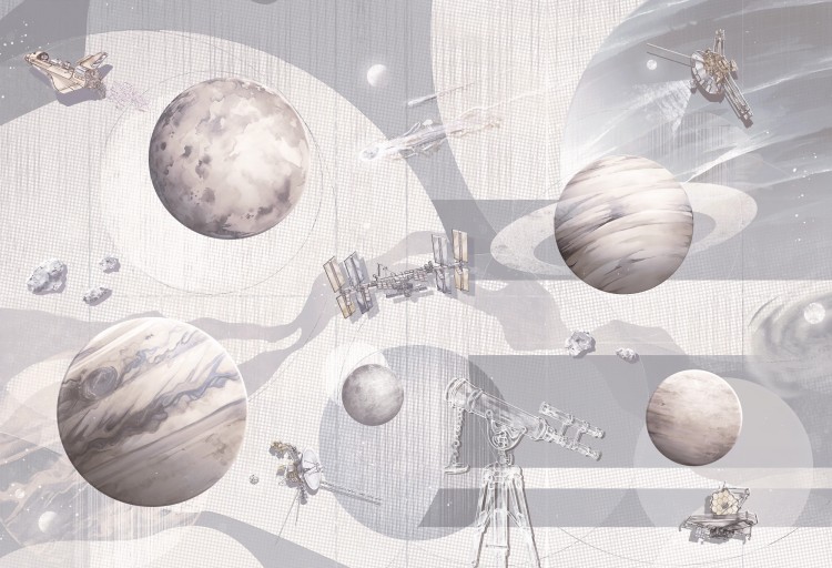 Biała tapeta dla chłopca z planetami i gwiazdami