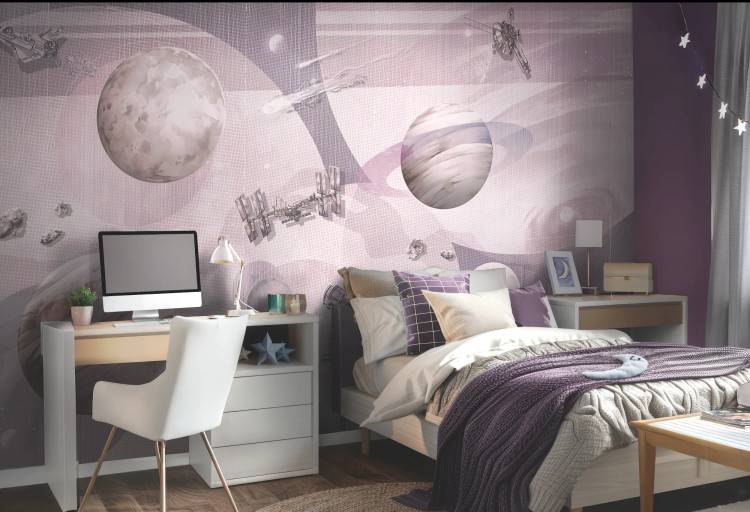 Tapeta dla dzieci SPACE ZONE LAVENDER z motywem kosmosu i planet