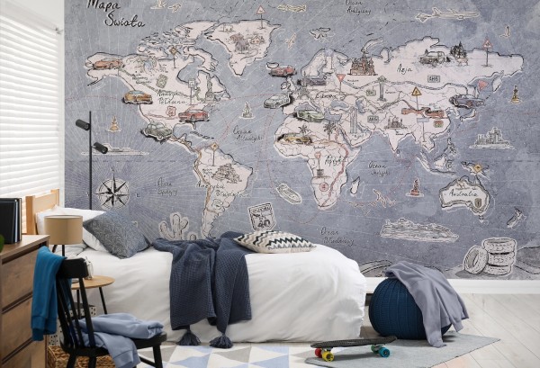 Tapeta TRIP MAP Jeans – Mapa Świata do Pokoju Dziecięcego