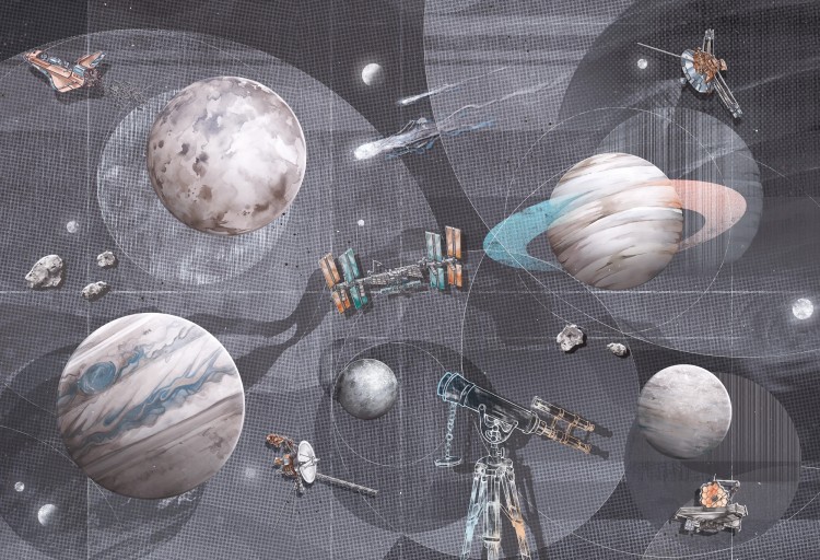 Tapeta kosmiczna dla dzieci SPACE ZONE - GREY z meteorytami i księżycami