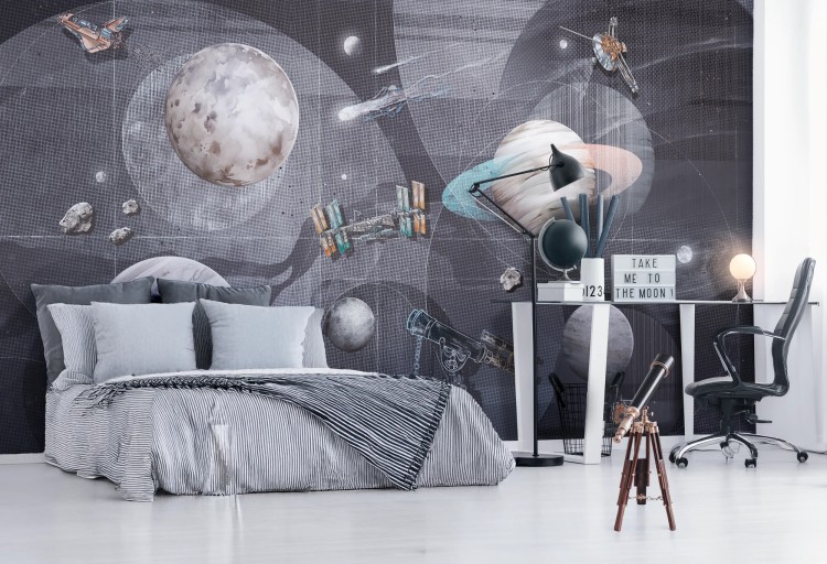 Szara tapeta dziecięca SPACE ZONE - GREY z planetami i gwiazdami