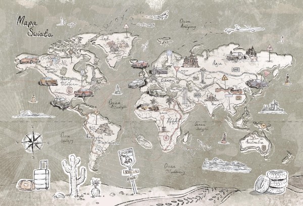 tapeta mapa świata do pokoju dziecka khaki