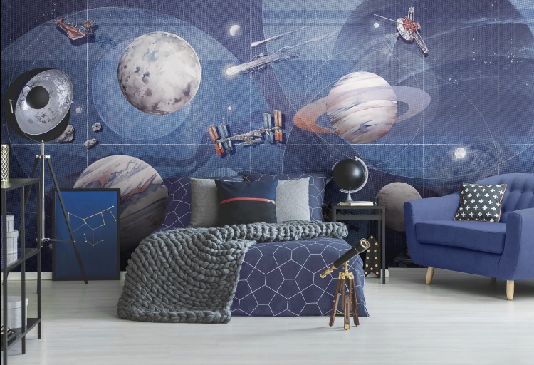 Tapeta dziecięca SPACE ZONE - DEEP BLUE z kosmicznymi planetami i gwiazdami