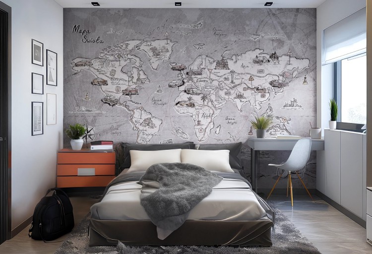 tapeta trip map grey mapa świata do pokoju dziecka
