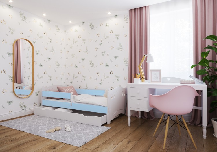 łóżko dziecięce drewniane Sweet Love z barierką niebieskie