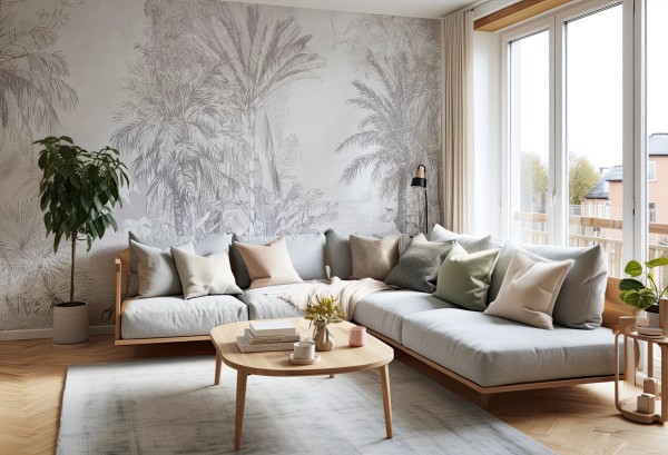 Tapeta BORNEO Grey z tropikalnymi roślinami na ścianie w salonie