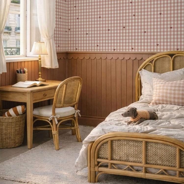 tapeta w kratkę i serduszka terracotta do pokoju dziecka styl vichy