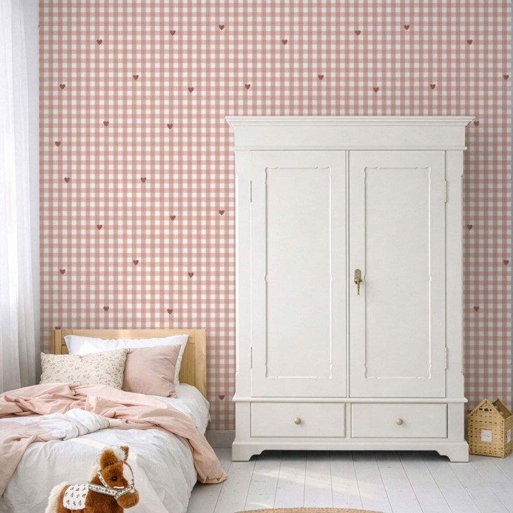 tapeta w kratkę i serduszka terracotta do pokoju dziecka styl vichy