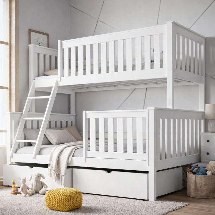 Drewniane łóżko piętrowe Montessori Alek – funkcjonalne i bezpieczne łóżko dla dzieci, wykonane z naturalnego drewna, idealne do pokoju w stylu Montessori.