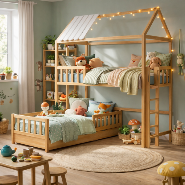 Bukowe drewniane łóżko piętrowe Domek Bunk L dla dzieci