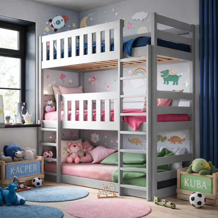 Drewniane Łóżko Piętrowe 3 osobowe dla dzieci Montessori Jacek