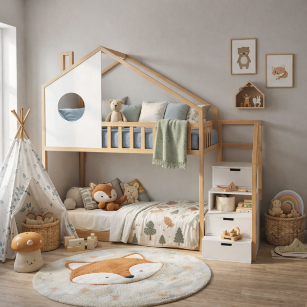 Łóżko piętrowe ze schodami dla dzieci – drewniane łóżko domek Sweetdream