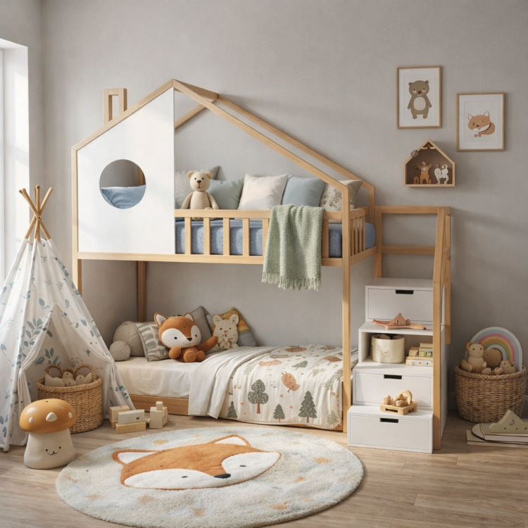 Łóżko piętrowe ze schodami dla dzieci – drewniane łóżko domek Sweetdream