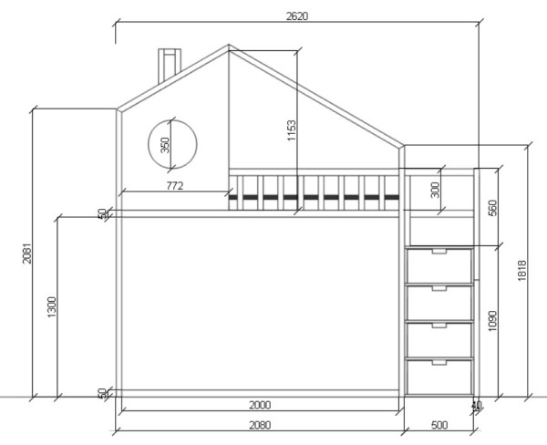 wymiary Łóżko piętrowe ze schodami dla dzieci – drewniane łóżko domek Sweetdream