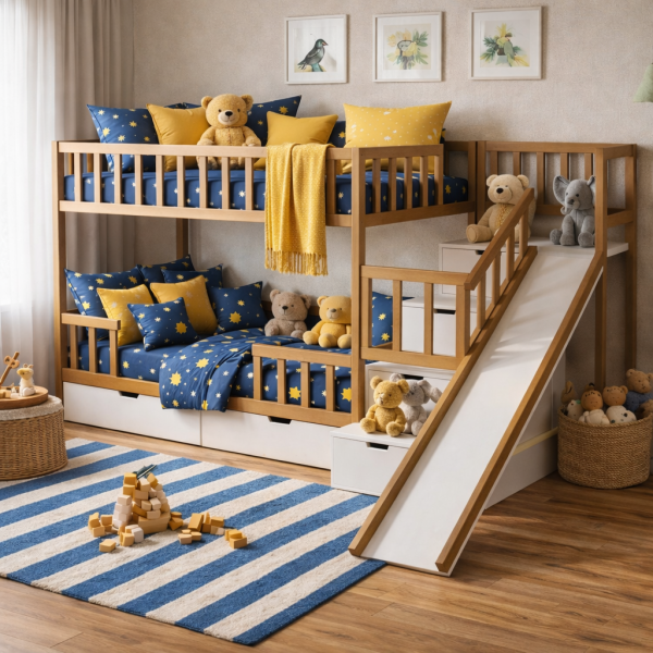 Łóżko piętrowe ze schodami i zjeżdżalnią dla dzieci JUNO