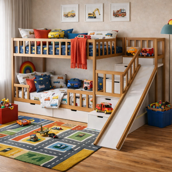 Łóżko piętrowe ze schodami i zjeżdżalnią dla dzieci JUNO
