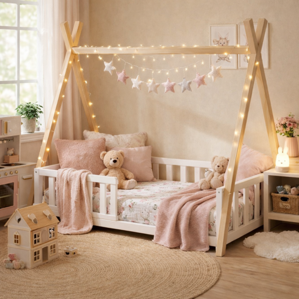 Drewniane łóżko Tipi Kimi bukowe – widok z przodu