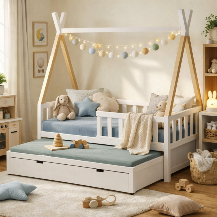 Drewniane łóżko Tipi Kimi z dodatkowym spaniem – widok z przodu