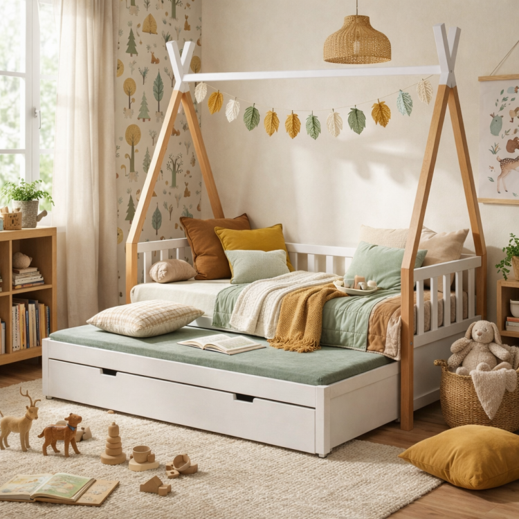 Drewniane łóżko Tipi Kimi z dodatkowym spaniem – widok z przodu