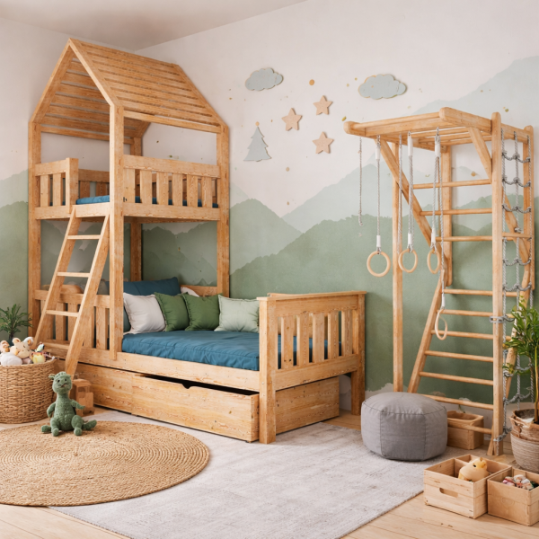 Drewniane Łóżko Piętrowe Aga z antresolą lewa strona