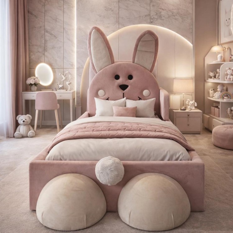 Tapicerowane łóżko dla dzieci Króliczek Bunny LUX w pokoju dziecięcym