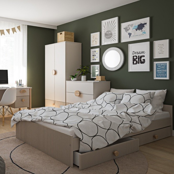 Kaszmirowe łóżko pojedyncze dla dzieci LOFT z szufladami