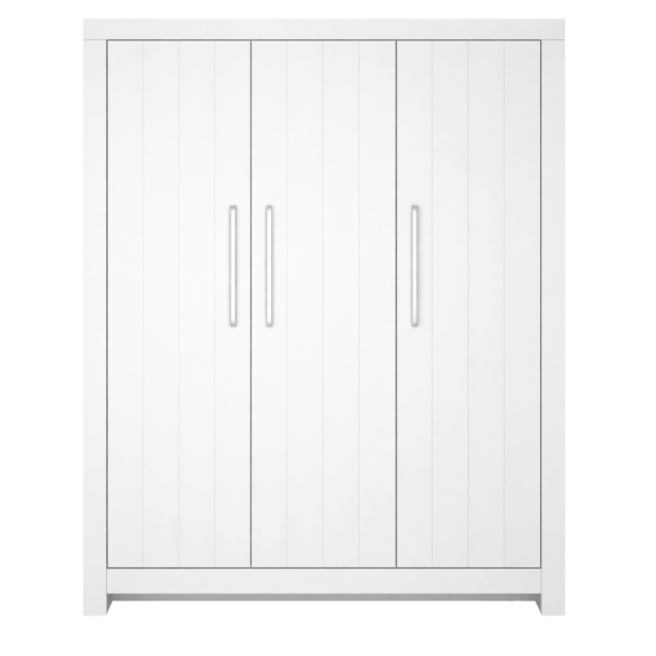 Szafa 3-drzwiowa CALMO w białym kolorze z półkami i drążkami, idealna do pokoju dziecięcego