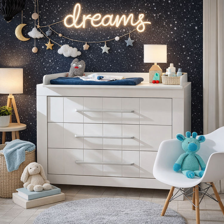 Biała komoda dziecięca Calmo z trzema pojemnymi szufladami