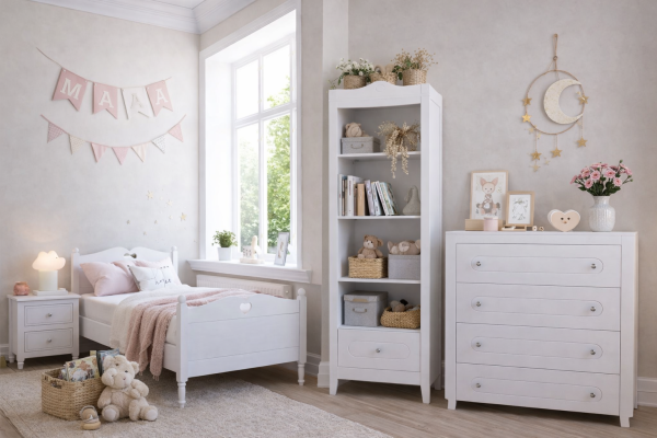 Komplet mebli dziecięcych GLAMOUR: łóżeczko z szufladą, komoda z przewijakiem, szafa