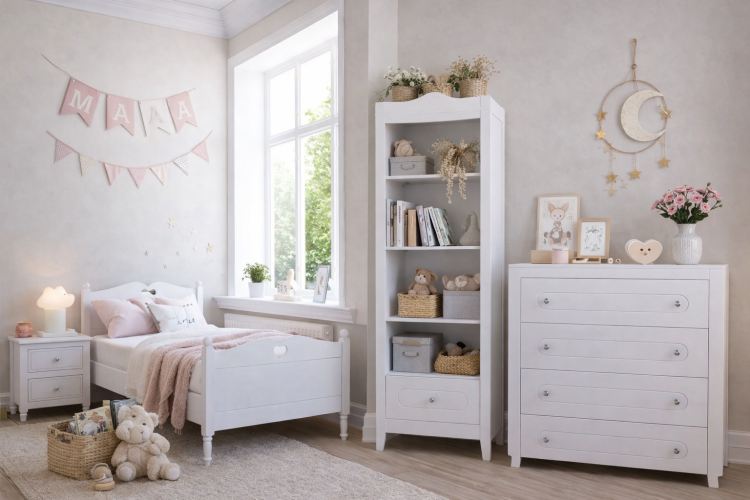 Komplet mebli dziecięcych GLAMOUR: łóżeczko z szufladą, komoda z przewijakiem, szafa