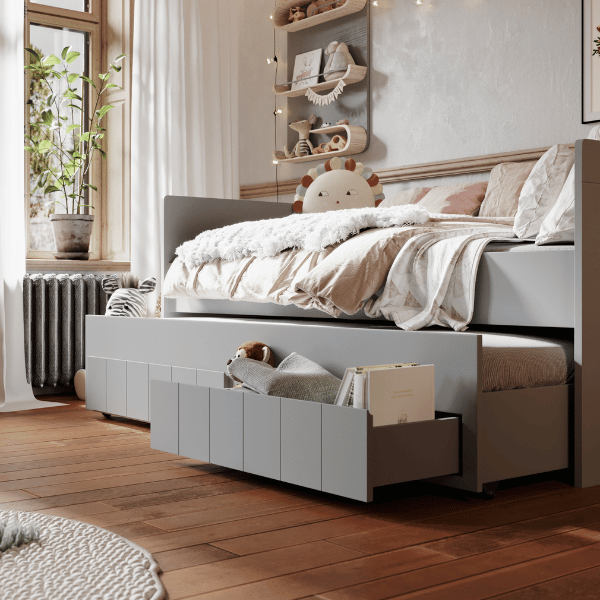 łóżko dziecięce Calmo 200x90 z wysuwanym drugim spaniem i szufladami